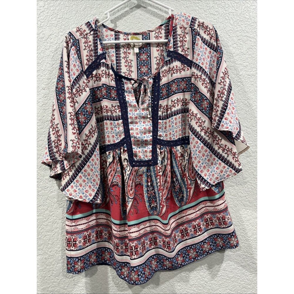 Fig and Flower Blouse‎ Women XL Red Blue Paisley Mixed Print Boho Kimono Sleeve